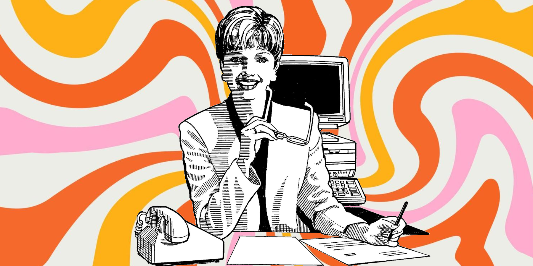 Work Sucks title image showing an office woman in front of a 70s pattern.